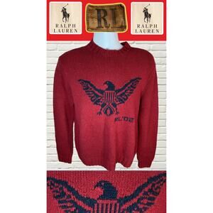 Rare VTG Polo Ralph Lauren Eagle RL ’02 Knit Crewneck Sweater Red Medium (21x25)